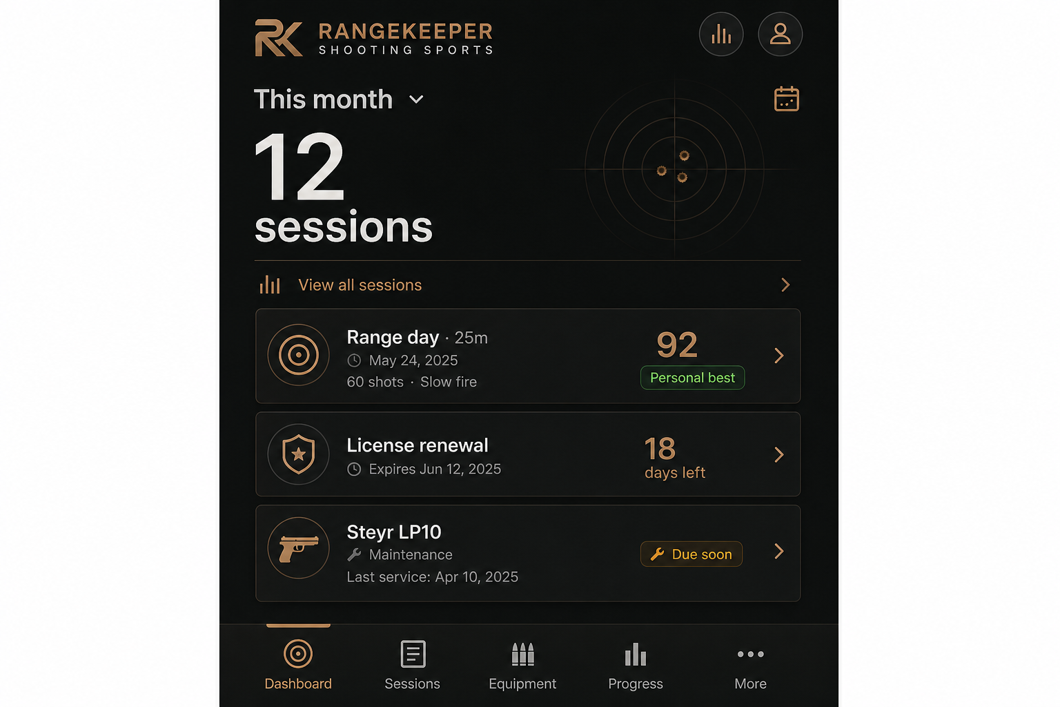 App RangeKeeper com estatísticas de sessões e lembretes